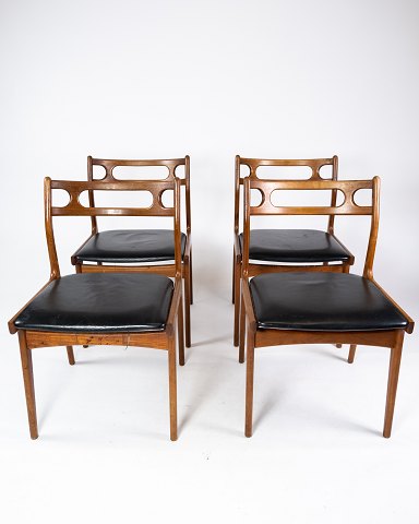 A Set Of Four Dining Room Chairs - Teak - Black Leather - Danish Design - 1960