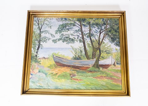 Oil painting with motif of rowing boats and with gilded frame from the 1920s. 
5000m2 showroom.