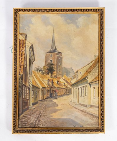 Oil painting with city motif and gilded frame, with unknown signature from the 
1890s. 
5000m2 udstilling.