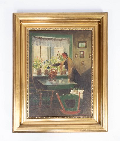 Oil painting with motif of a home and with gilded frame, unknown signature from 
the 1920s.  
5000m2 showroom
Great condition
