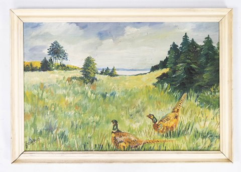 Oil painting with motif of pheasants and with white painted frame, unknown 
signature from the 1920s.  
5000m2 showroom.